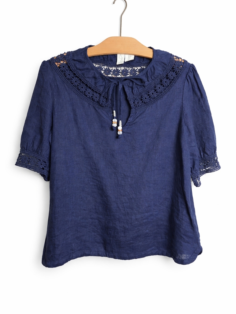 Joie Linen Blouse Navy Blue Crochet Trim Boho Top Size M